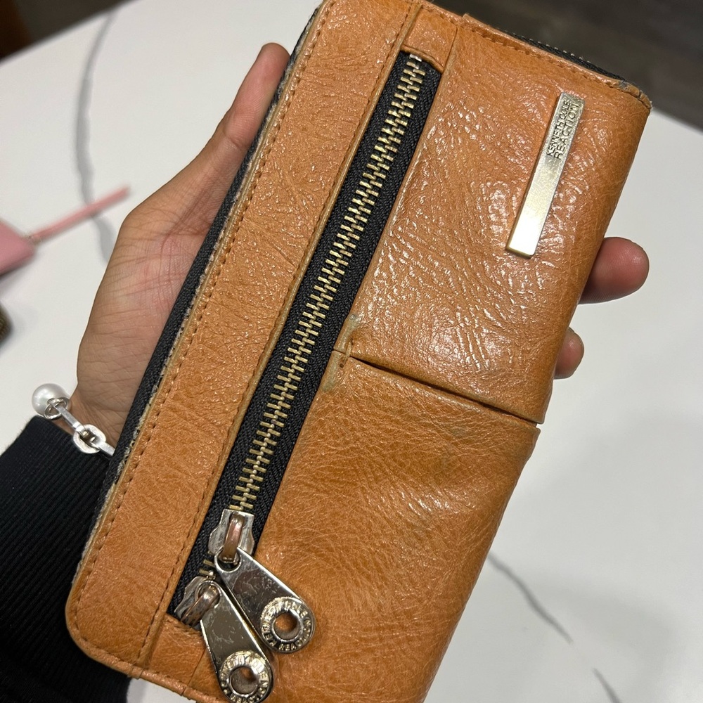 Tan Leather Wallet with Zipper Accents